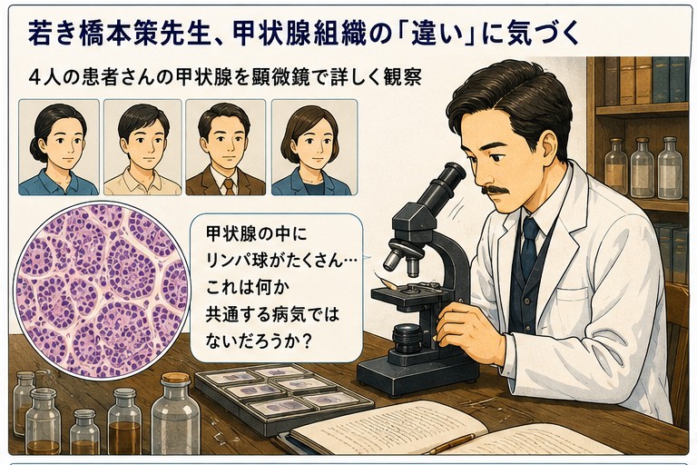 若き橋本策先生が顕微鏡で甲状腺組織の違いに気づく（人名がついた医療シリーズ 橋本病）