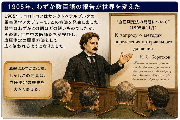 1905年サンクトペテルブルクでコロトコフが血圧測定法を発表した281語の報告