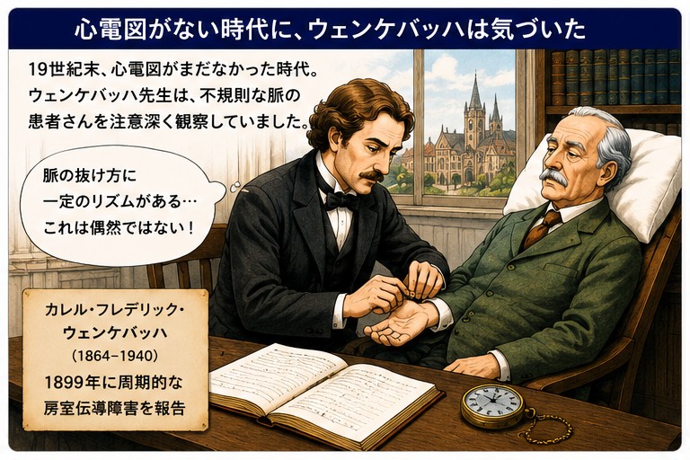 心電図がない時代にウェンケバッハが脈の抜け方の周期性に気づく（房室ブロックの由来）