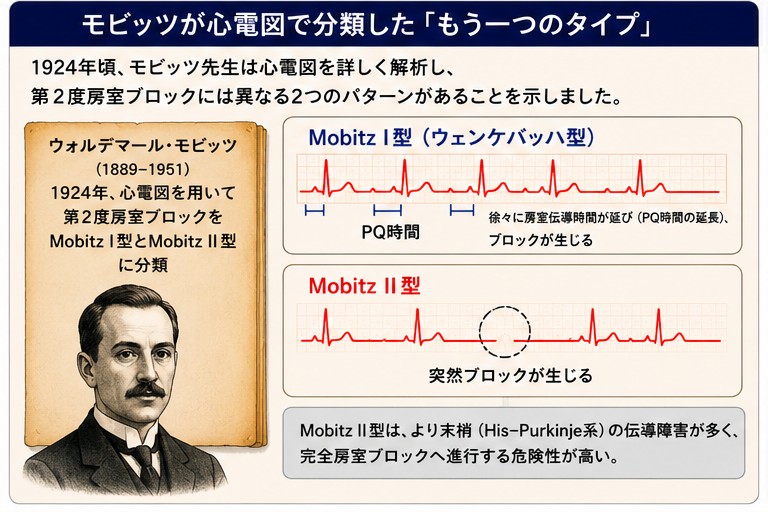 モビッツが心電図で第2度房室ブロックをI型とII型に分類（Mobitz II型は突然ブロック）