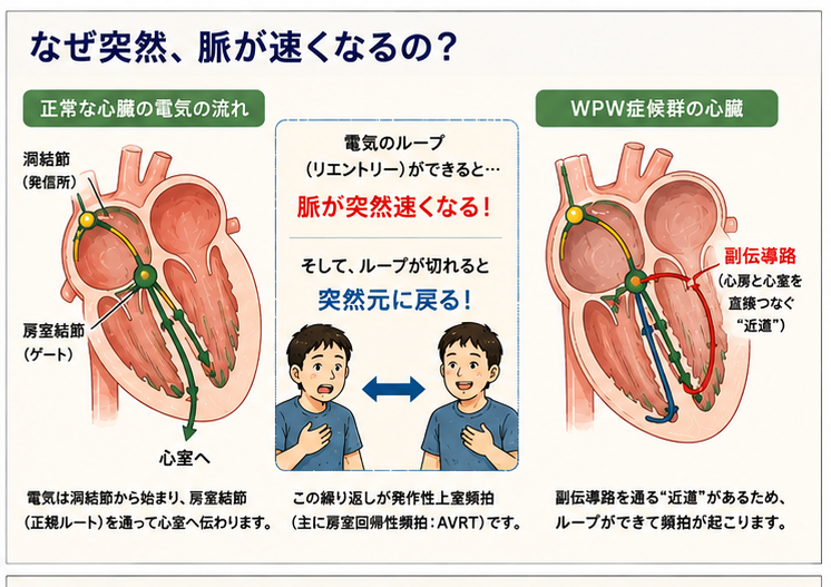 なぜ突然、脈が速くなるの？（正常な電気の流れと副伝導路）