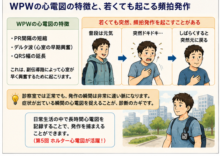 WPWの心電図の特徴と、若くても起こる頻拍発作