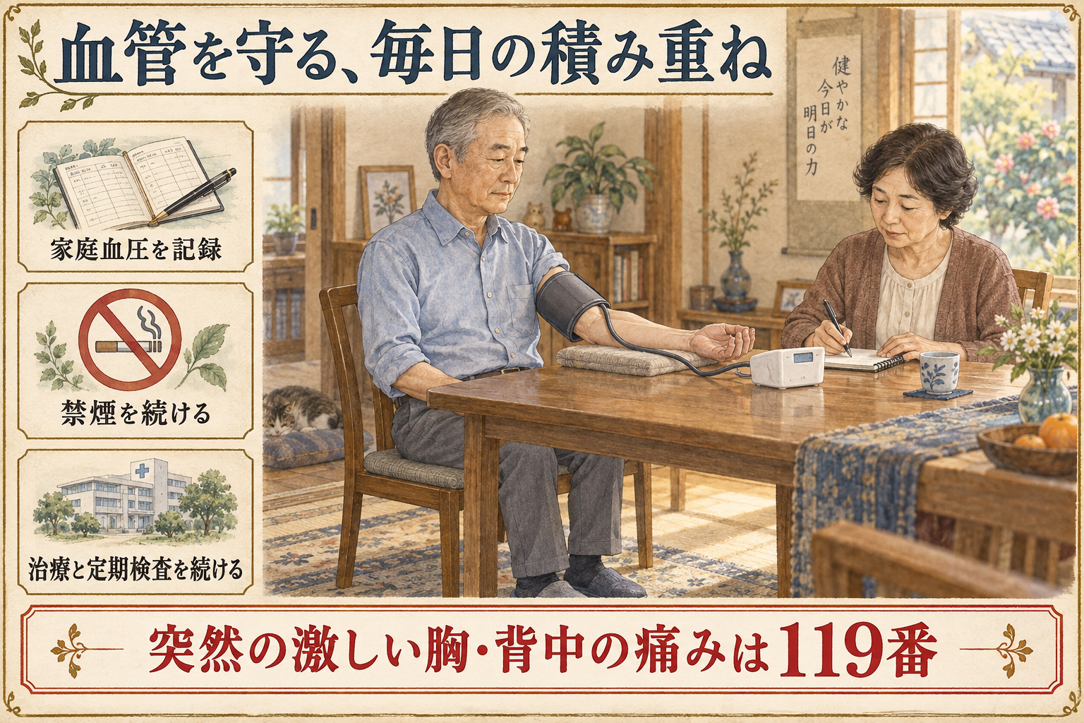 家庭血圧の記録・禁煙・治療継続と、突然の激しい胸背部痛では119番という案内