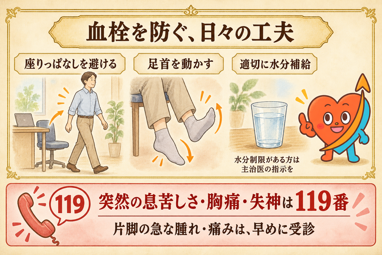 座りっぱなしを避ける・足首運動・適切な水分補給と、肺塞栓症を疑う症状の受診目安